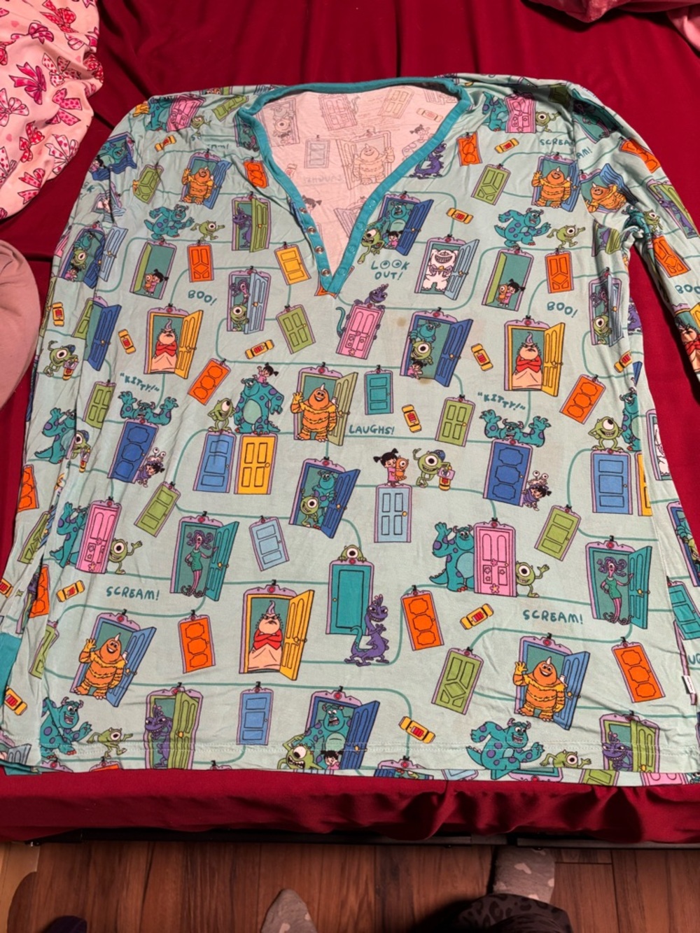 Little Sleepies Kids Monsters Pajama Top - Light Blue with Multicolor Doors